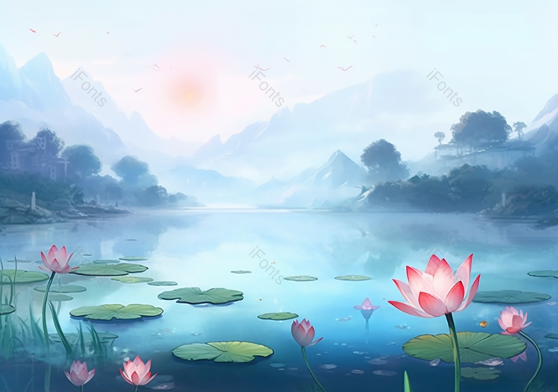 蓝色国风意境插画夏季山水荷花图,插画/手绘图,插画/手绘图库,插画/手绘图下载,插画/手绘